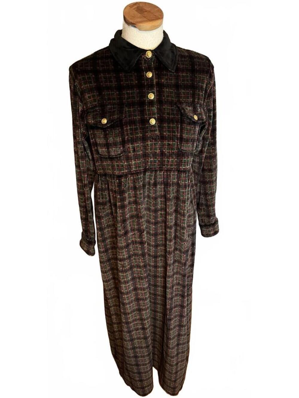 Vintage Plaid Velvet Jones New York M 80/90s Long Sleeve Dress Teacher Modest
